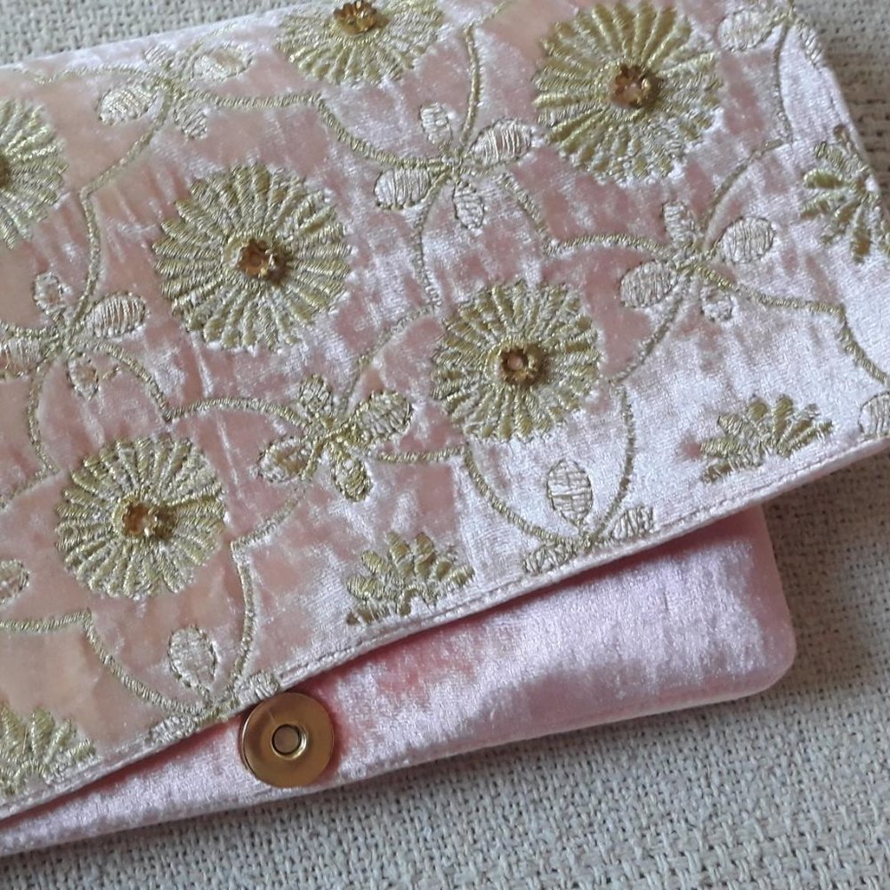 Shiraleah Pink and Gold Embroidered Velvet Clutch